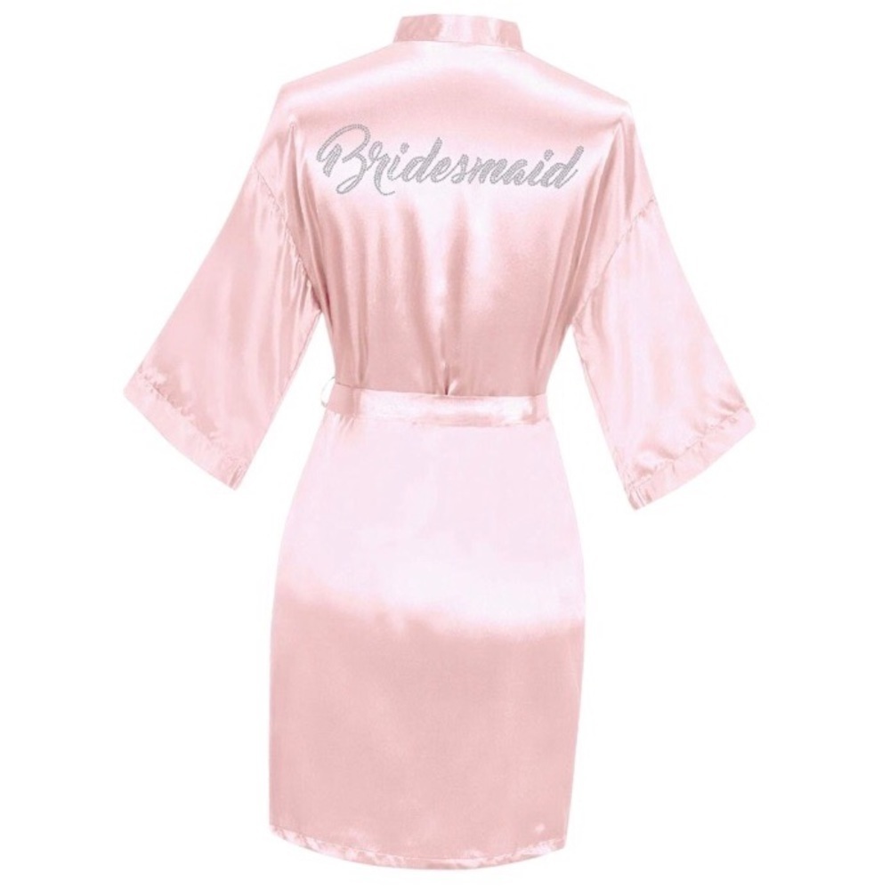 Women's Pink Bridesmaid Satin Kimono Short Robe with Rhinestones Bridal L/XL